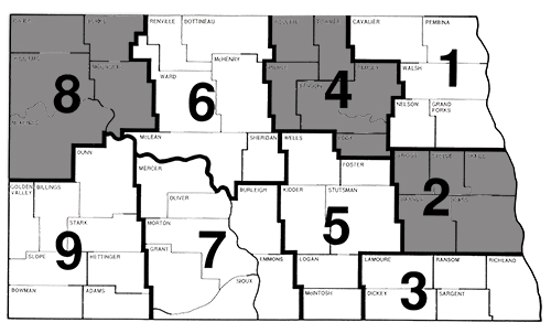 North Dakota map showing NDFB districts and those up for election in 2018.