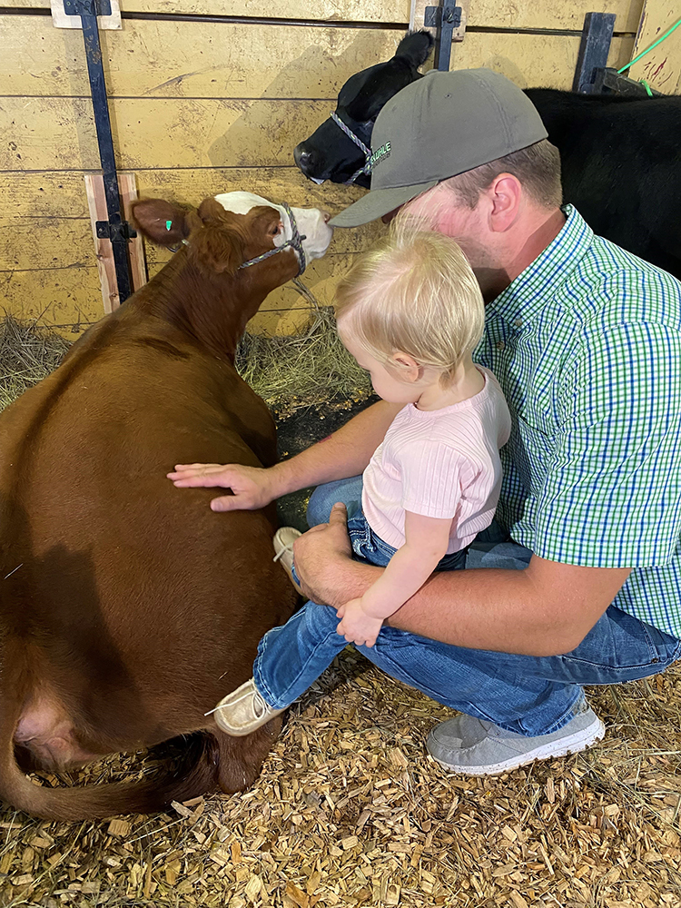 Kara's husband and daughter check out a calf