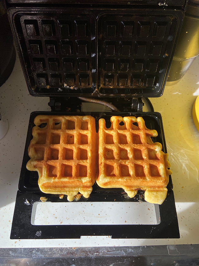 Breakfast for supper, includes waffles and bacon!