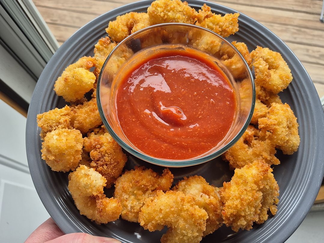 Crispy fried shrimp with homemade cocktail sauce
