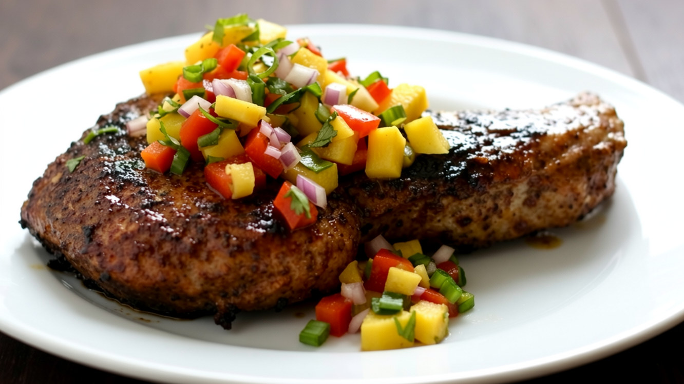 Jamaican jerk inspired pork chops with grilled pineapple salsa